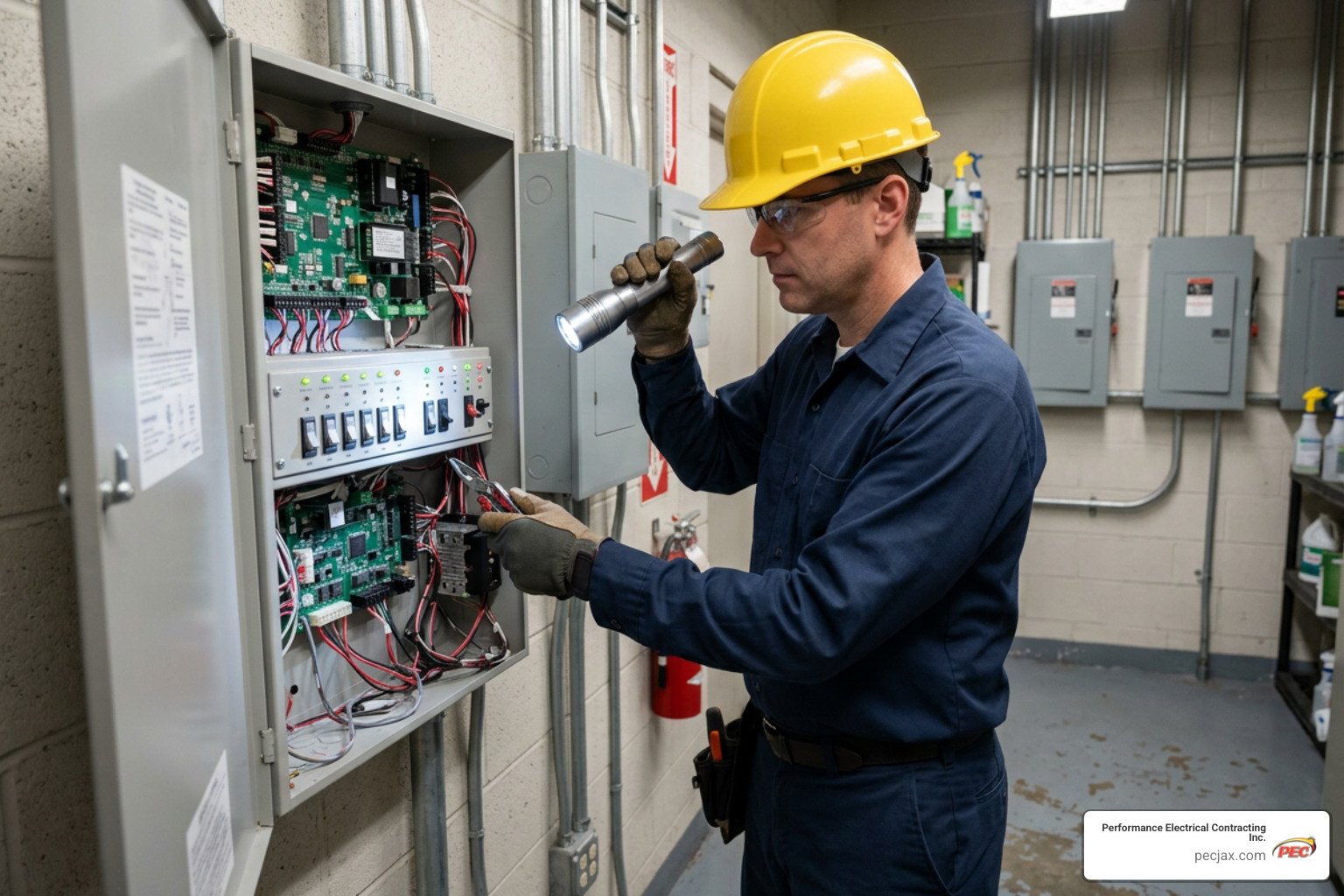 certified technician inspecting hotel fire panel