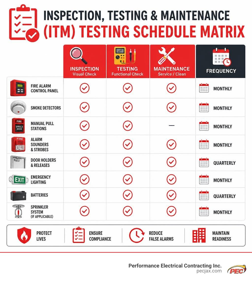 Inspection, Testing, and Maintenance (ITM) Testing Schedule Matrix infographic