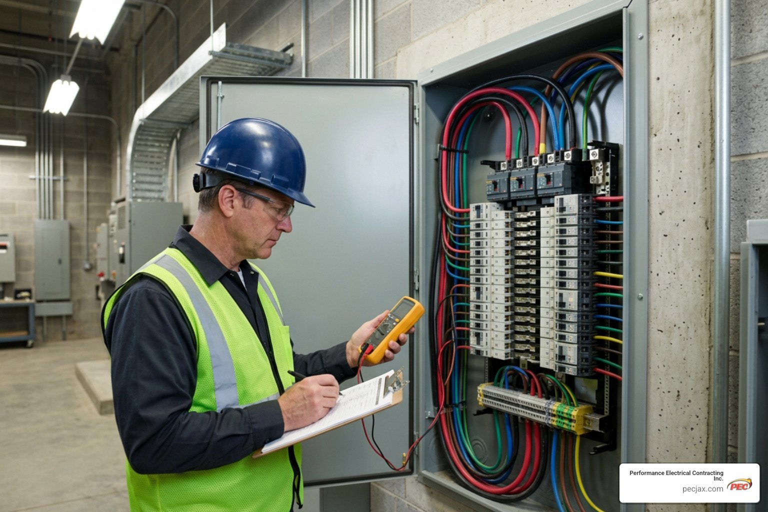 master electrician inspecting commercial distribution panel master electrician inspecting commercial distribution panel