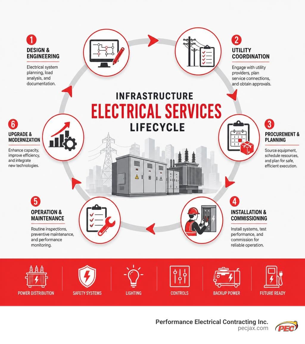 Infrastructure electrical services lifecycle from design and utility coordination to maintenance infographic Infrastructure electrical services lifecycle from design and utility coordination to maintenance infographic