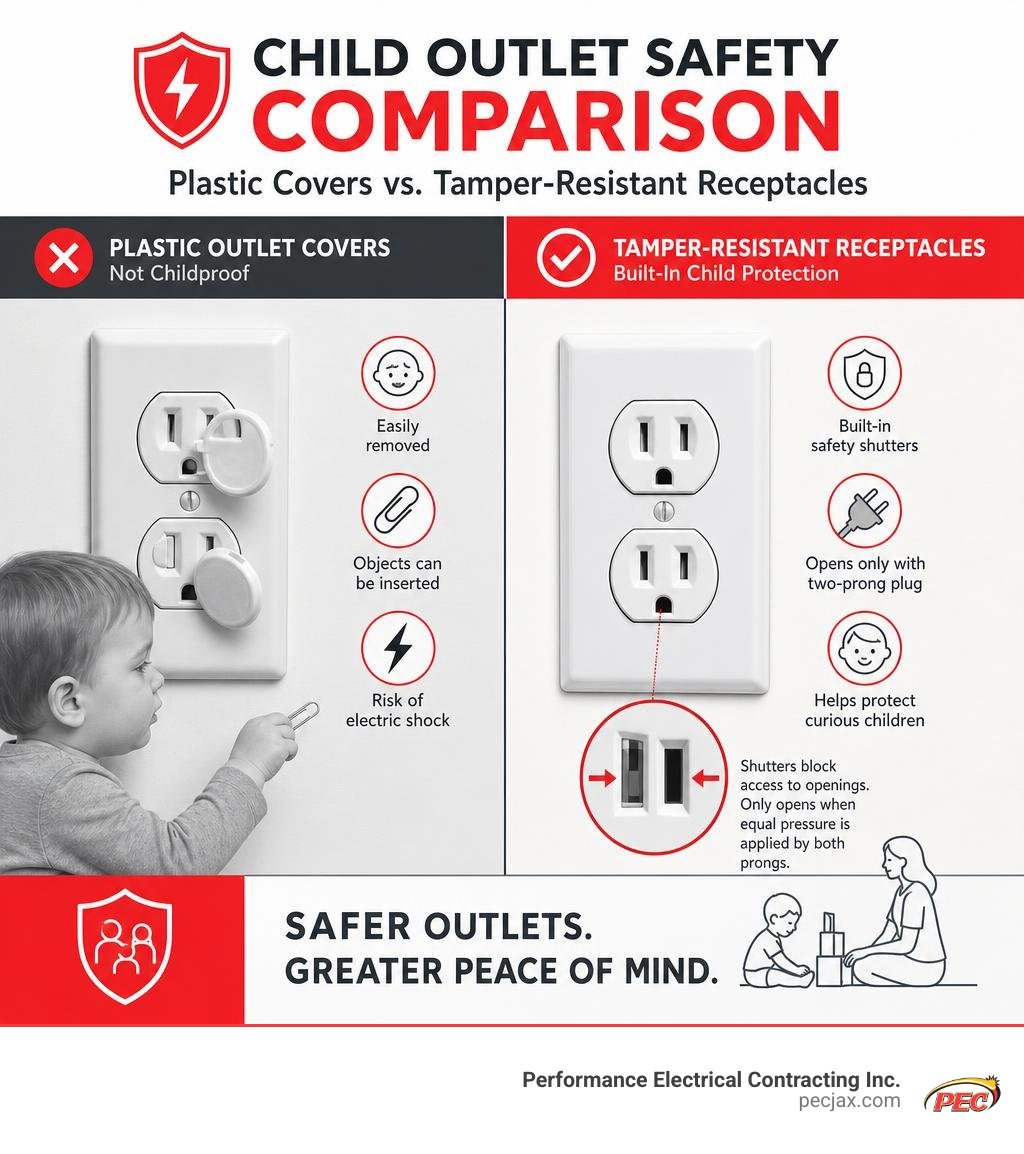 Child outlet safety comparison between plastic covers and tamper-resistant receptacles infographic Child outlet safety comparison between plastic covers and tamper-resistant receptacles infographic