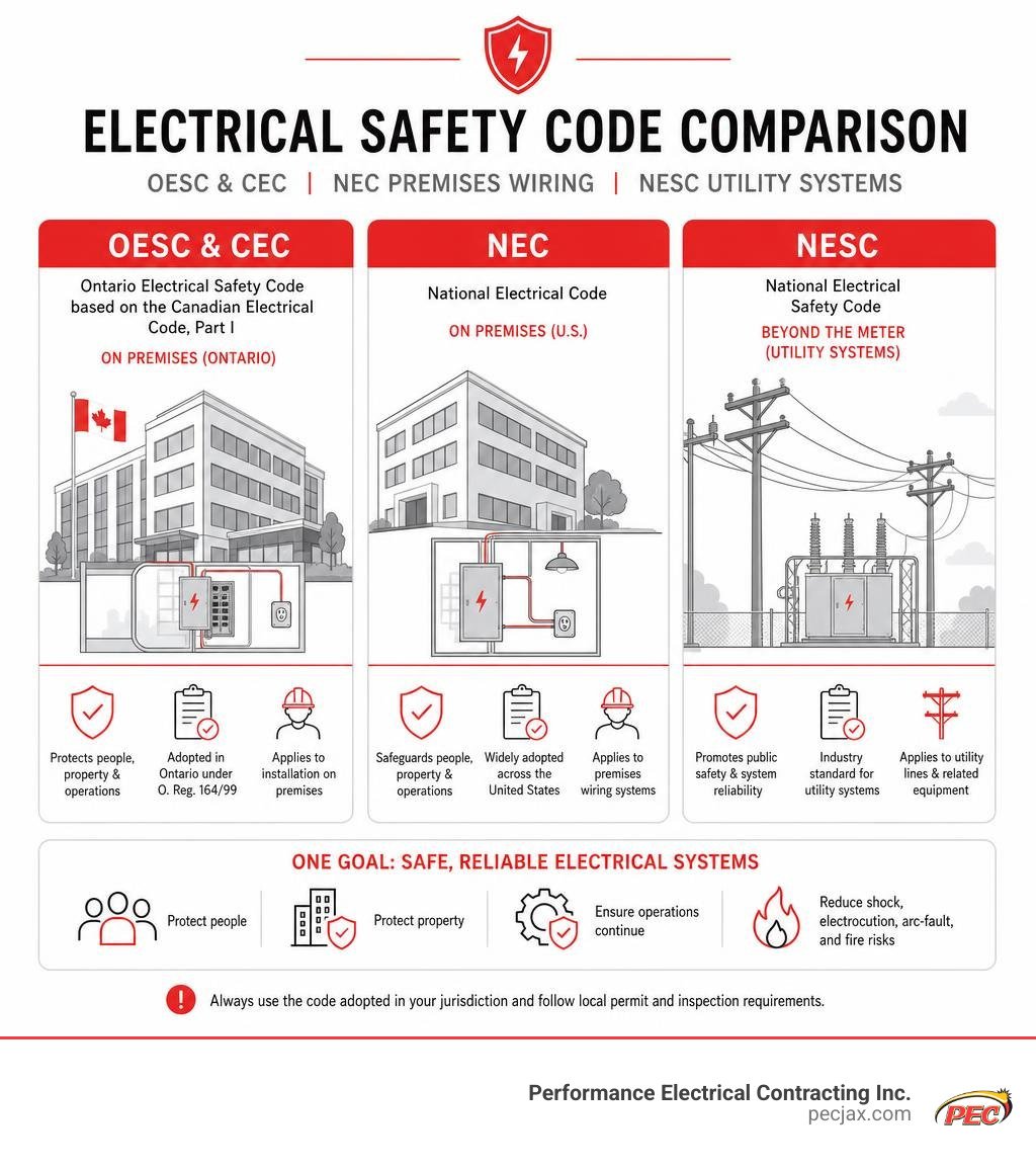Electrical safety code comparison: OESC and CEC, NEC premises wiring, and NESC utility systems infographic Electrical safety code comparison: OESC and CEC, NEC premises wiring, and NESC utility systems infographic