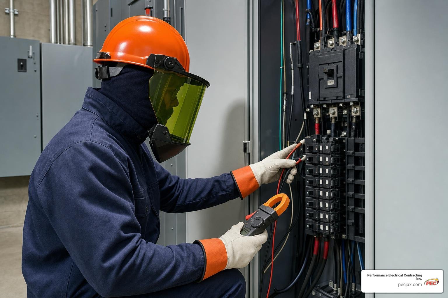 electrician in arc flash PPE checking panelboard electrician in arc flash PPE checking panelboard