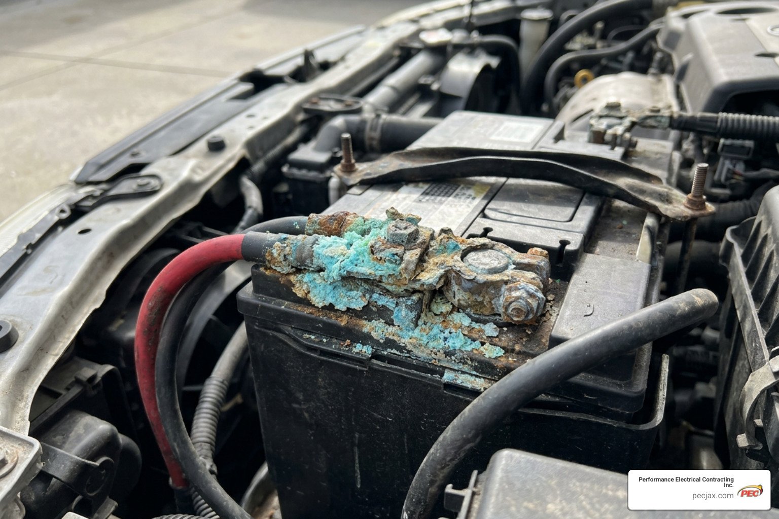 corroded battery terminal under car hood corroded battery terminal under car hood