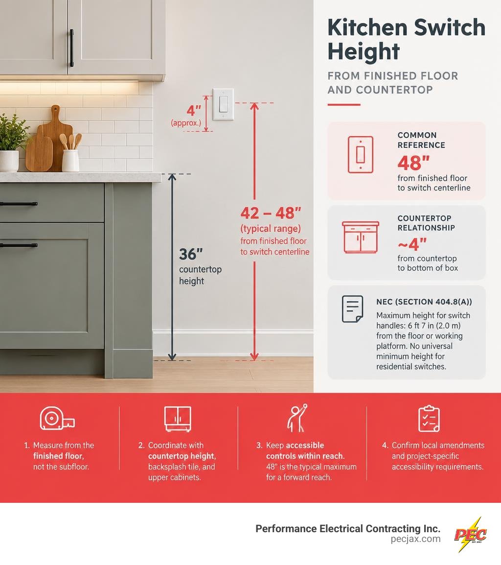 Kitchen switch height measurements from finished floor and countertop infographic Kitchen switch height measurements from finished floor and countertop infographic