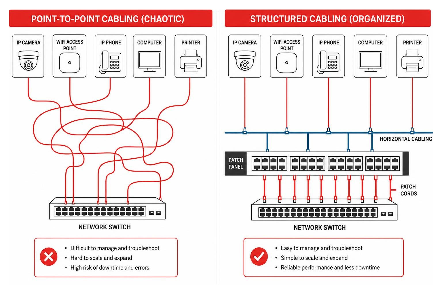 Diagram contrasting chaotic point-to-point wiring versus structured cabling architecture Diagram contrasting chaotic point-to-point wiring versus structured cabling architecture