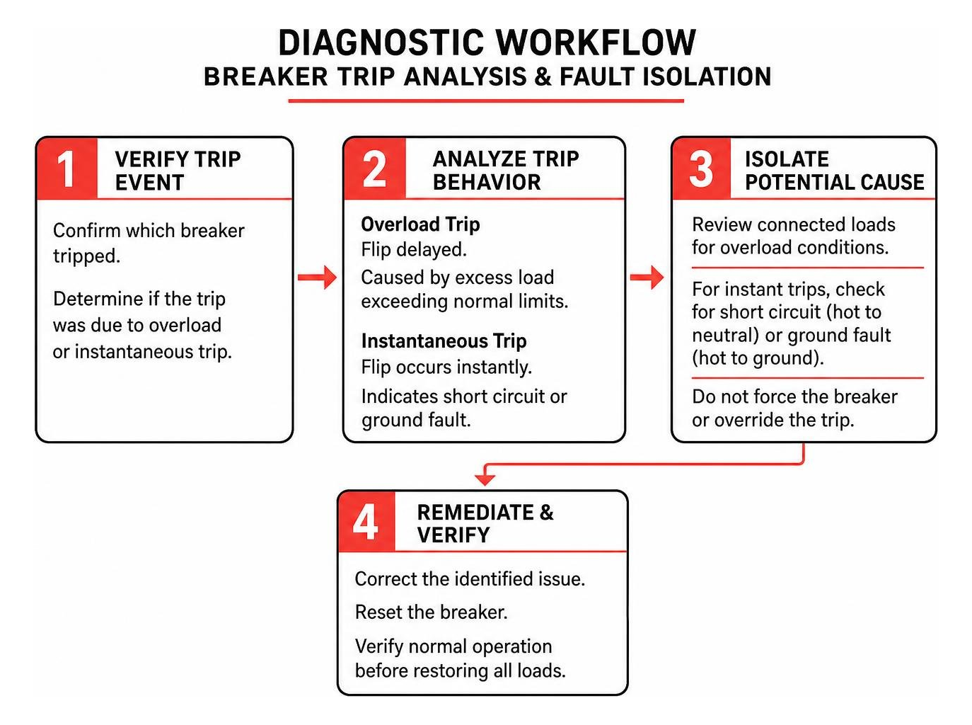 Diagnostic workflow showing breaker trip analysis and fault isolation Diagnostic workflow showing breaker trip analysis and fault isolation