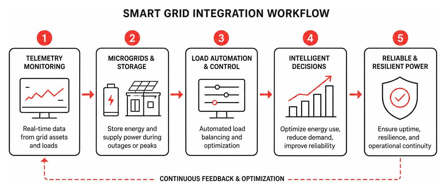 Smart grid integration workflow featuring telemetry, microgrids, and load automation Smart grid integration workflow featuring telemetry, microgrids, and load automation
