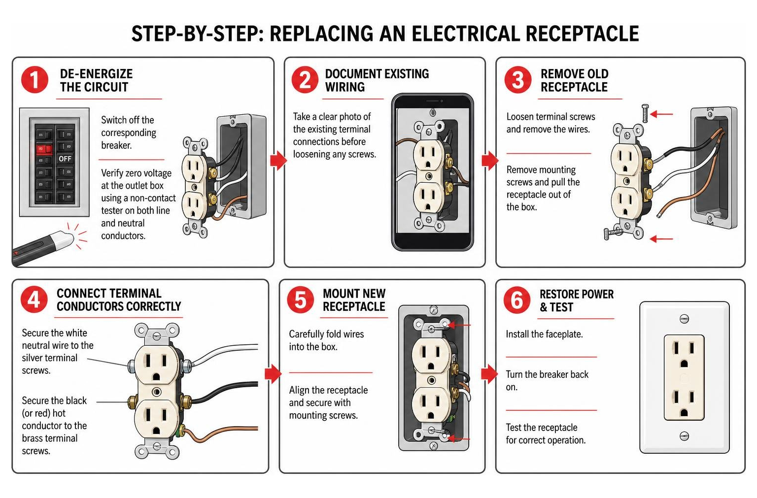 Step-by-step physical procedure for replacing an electrical receptacle Step-by-step physical procedure for replacing an electrical receptacle